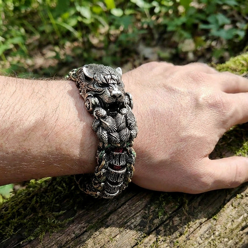 Boysouls Tiger Paracord Bracelet worn on a wrist, showing the tiger motif and dark patterned braid