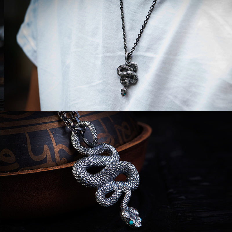 Men's Sterling Silver Snake Skull Necklace - Jewelry1000.com