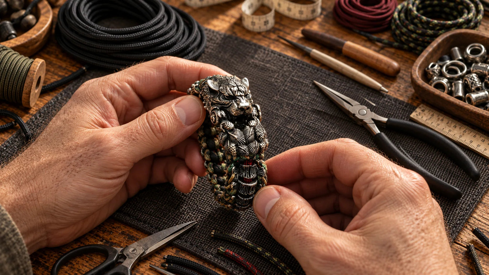 Hands holding a Boysouls tiger-head bracelet at a paracord workbench