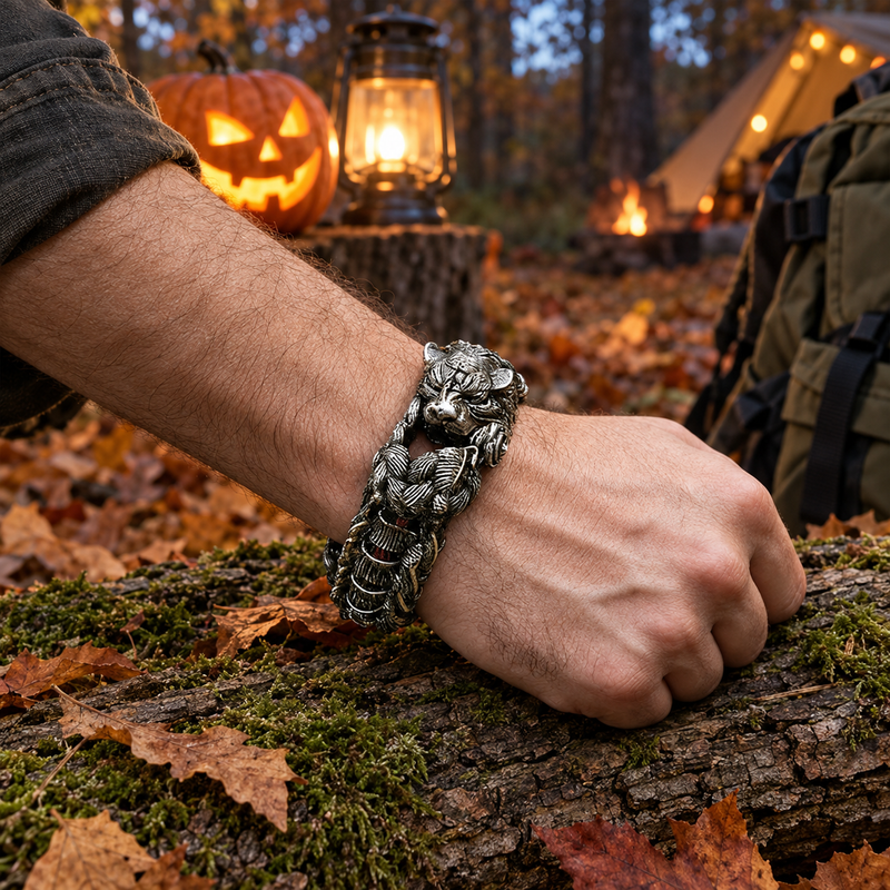 Tiger paracord bracelet worn on a wrist beside a mossy log at a Halloween campsite